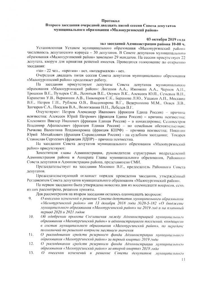 Протокол очередной двадцать пятой сессии Совета депутатов муниципального образования "Малопургинский район" от 03 октября 2019 года