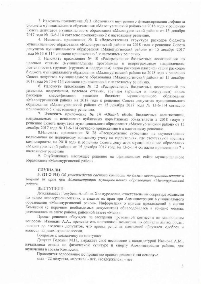 Протокол очередной двадцать первой сессии Совета депутатов муниципального образования "Малопургинский район" от 28 декабря 2018 года